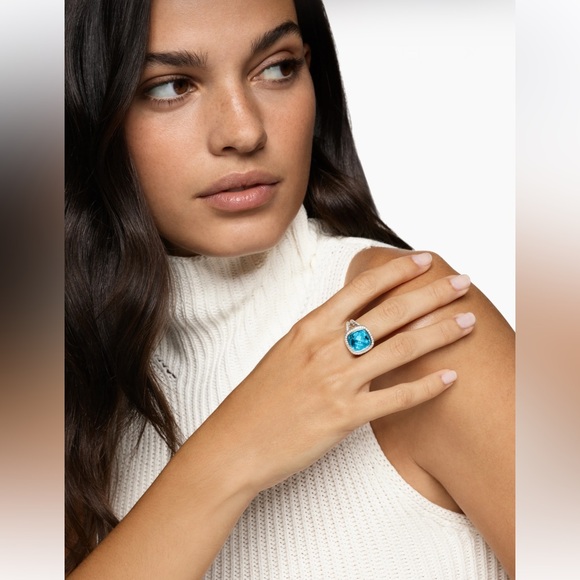 David Yurman Albion Ring Sterling Silver with Blue Topaz and Diamonds, 11mm - Picture 3 of 15